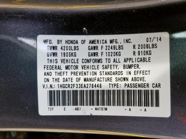 1HGCR2F33EA276448 - 2014 HONDA ACCORD LX  photo 10