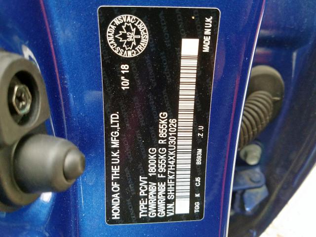 SHHFK7H4XKU301026 - 2019 HONDA CIVIC SPORT  фото 10