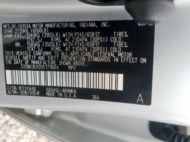 5TDBK3EH2DS179664 - 2013 TOYOTA HIGHLANDER BASE  photo 10