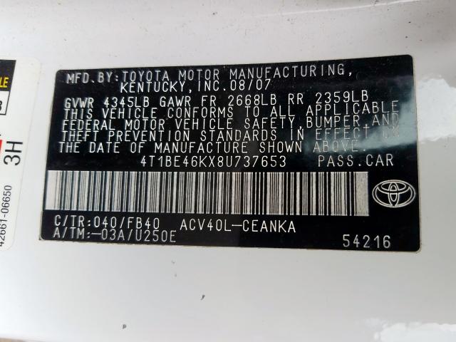 4T1BE46KX8U737653 - 2008 TOYOTA CAMRY CE  photo 10