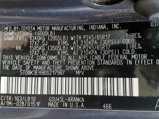 5TDBK3EH9DS217987 - 2013 TOYOTA HIGHLANDER BASE  صورة 10