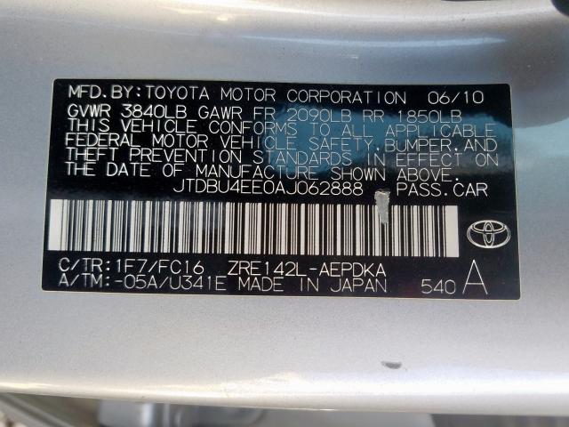 JTDBU4EE0AJ062888 - 2010 TOYOTA COROLLA BASE  照片 10