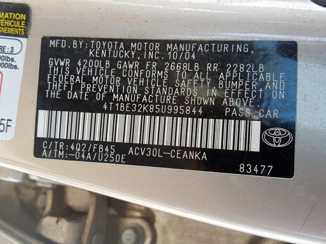 4T1BE32K85U995844 - 2005 TOYOTA CAMRY LE  photo 10
