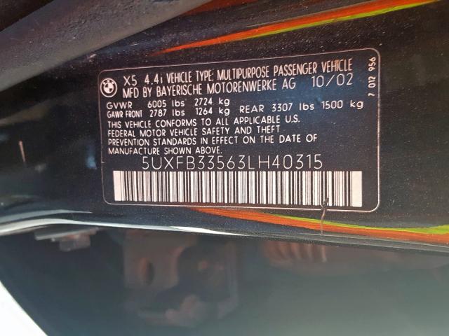 5UXFB33563LH40315 - 2003 BMW X5 4.4I BLACK photo 10