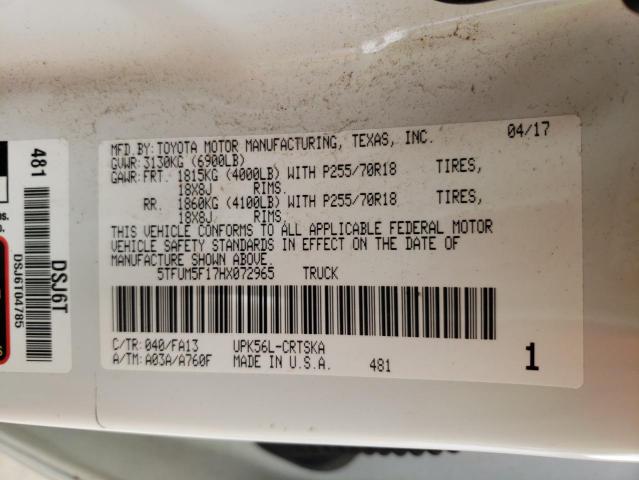 5TFUM5F17HX072965 - 2017 TOYOTA TUNDRA DOUBLE CAB SR/SR5 WHITE photo 10