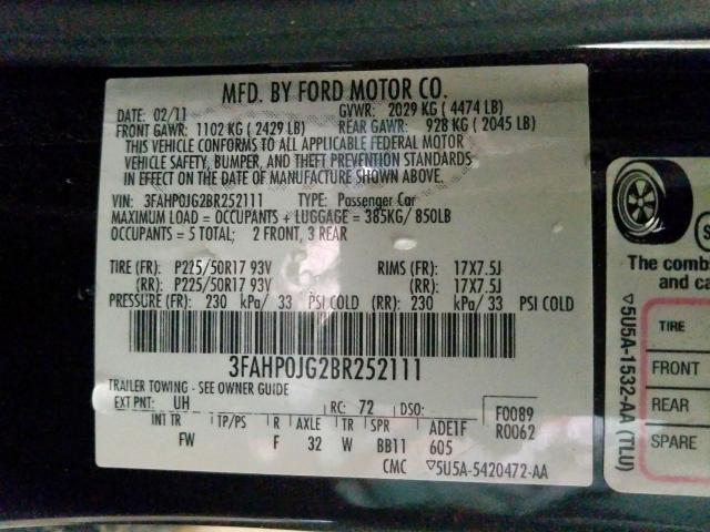 3FAHP0JG2BR252111 - 2011 FORD FUSION SEL  photo 10