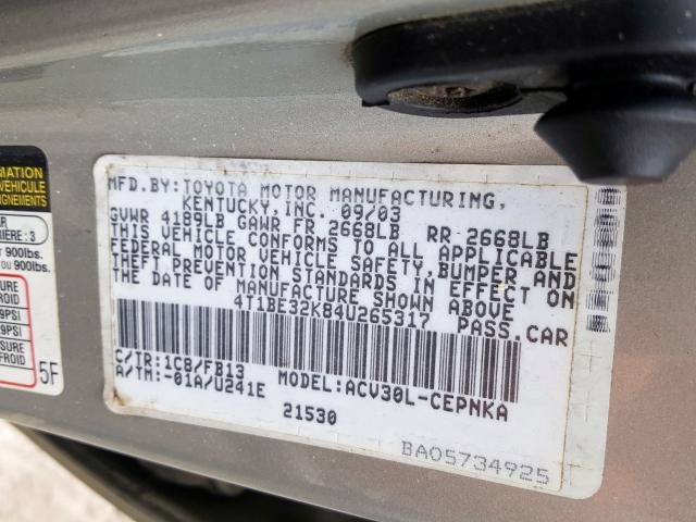 4T1BE32K84U265317 - 2004 TOYOTA CAMRY LE  photo 10