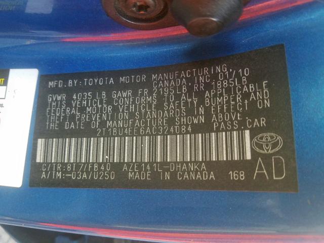 2T1BU4EE6AC324084 - 2010 TOYOTA COROLLA BASE  照片 10