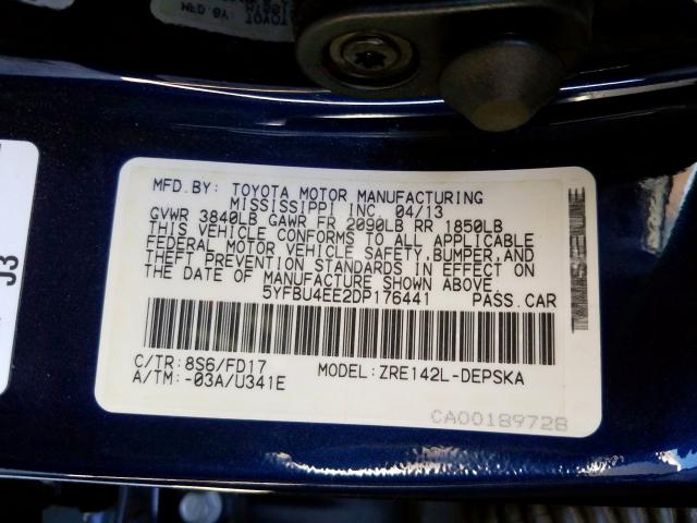 5YFBU4EE2DP176441 - 2013 TOYOTA COROLLA BASE  صورة 10