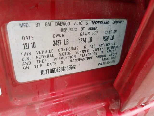 KL1TD6DE3BB185542 - 2011 CHEVROLET AVEO LS  ფოტო 10