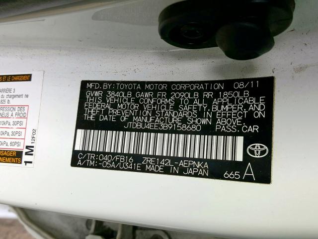JTDBU4EE3B9158680 - 2011 TOYOTA COROLLA BASE  照片 10