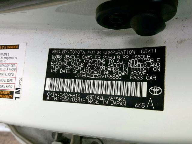 JTDBU4EE3B9158680 - 2011 TOYOTA COROLLA BASE  photo 10