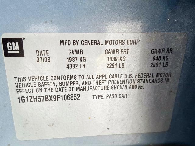 1G1ZH57BX9F106852 - 2009 CHEVROLET MALIBU 1LT  照片 10