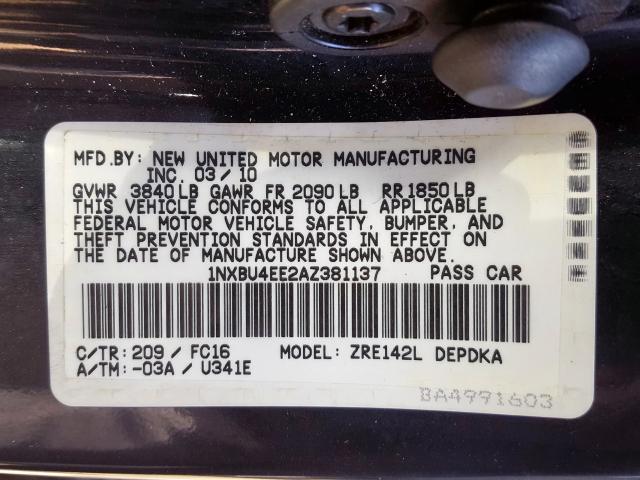 1NXBU4EE2AZ381137 - 2010 TOYOTA COROLLA BASE  photo 10