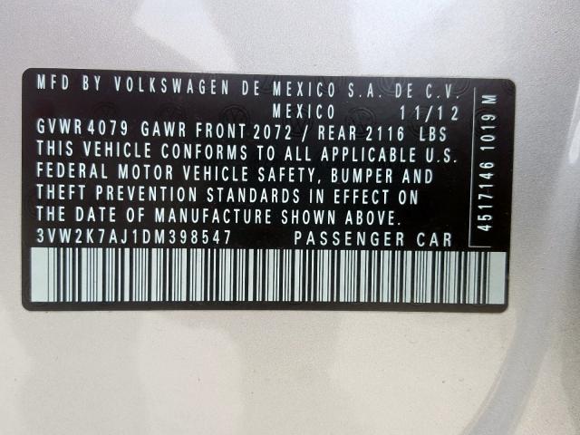 3VW2K7AJ1DM398547 - 2013 VOLKSWAGEN JETTA BASE  լուսանկար 10