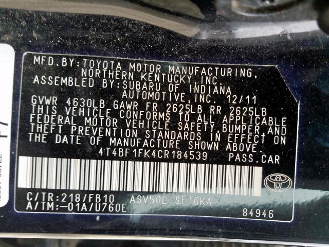4T4BF1FK4CR184539 - 2012 TOYOTA CAMRY BASE  photo 10