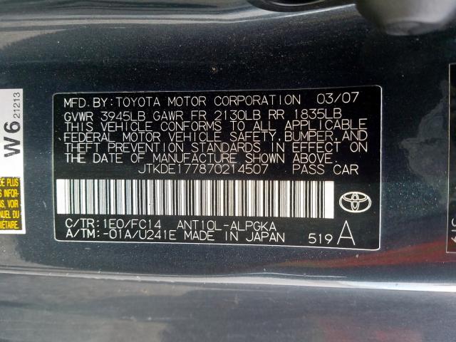 JTKDE177870214507 - 2007 TOYOTA SCION TC  ფოტო 10