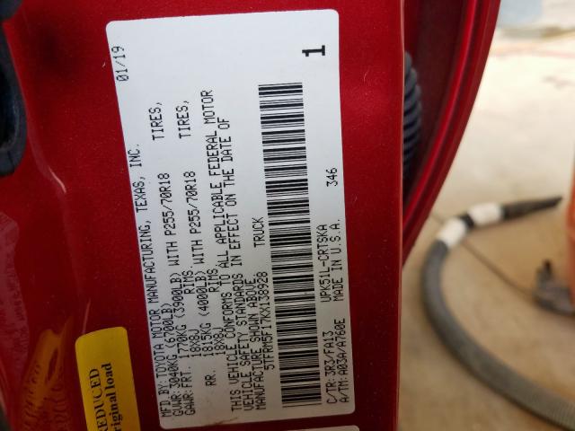 5TFRM5F17KX138928 - 2019 TOYOTA TUNDRA DOUBLE CAB SR/SR5  photo 10