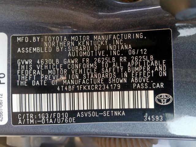 4T4BF1FKXCR234179 - 2012 TOYOTA CAMRY BASE  photo 10