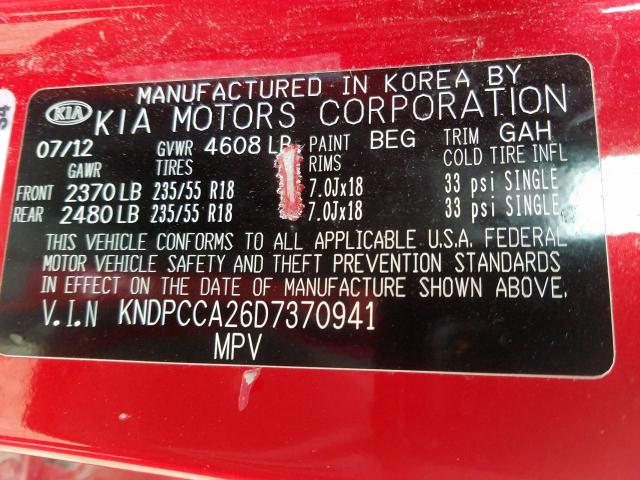 KNDPCCA26D7370941 - 2013 KIA SPORTAGE EX  photo 10