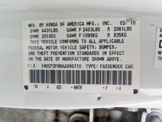 1HGCP2F88AA090710 - 2010 HONDA ACCORD EXL  photo 10