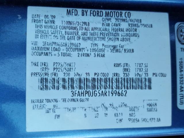 3FAHP0JG5AR199662 - 2010 FORD FUSION SEL  photo 10