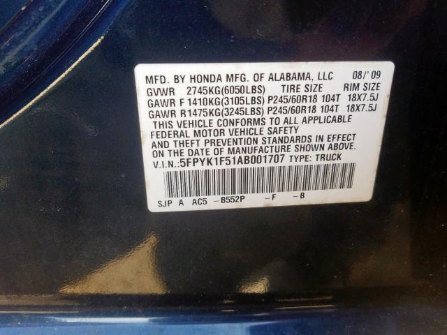 5FPYK1F51AB001707 - 2010 HONDA RIDGELINE RTL  photo 10