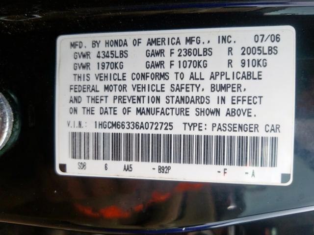 1HGCM66336A072725 - 2006 HONDA ACCORD LX  photo 10