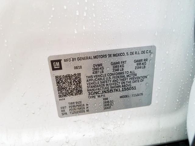 3GNCJNSB7KL155051 - 2019 CHEVROLET TRAX LS  photo 10