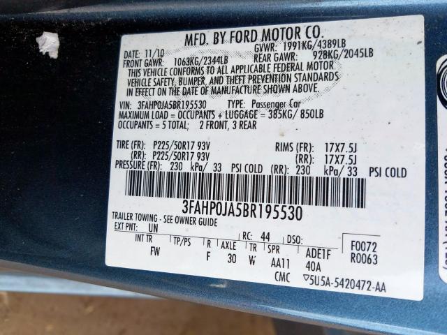 3FAHP0JA5BR195530 - 2011 FORD FUSION SEL  photo 10