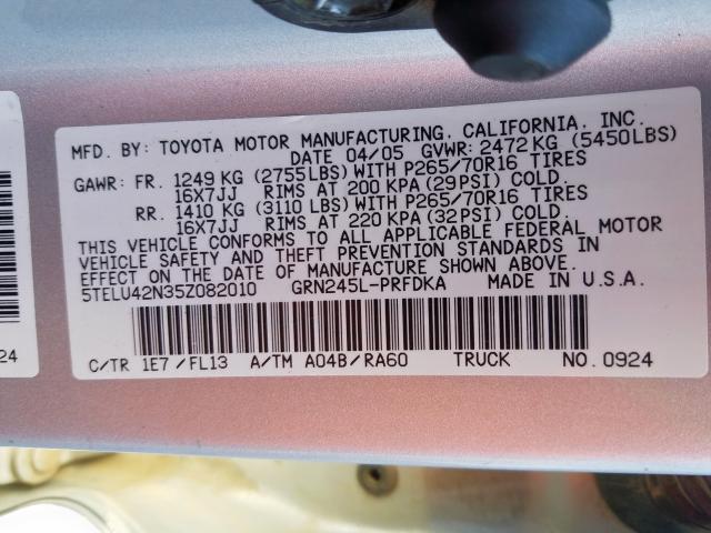 5TELU42N35Z082010 - 2005 TOYOTA TACOMA DOUBLE CAB  foto 10