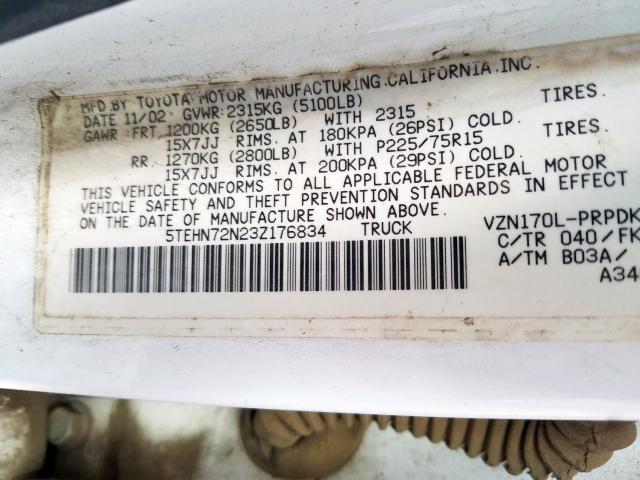 5TEHN72N23Z176834 - 2003 TOYOTA TACOMA DOUBLE CAB  照片 10