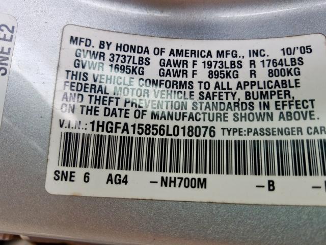 1HGFA15856L018076 - 2006 HONDA CIVIC EX  photo 10