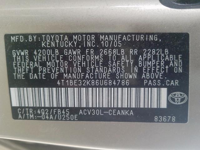 4T1BE32K86U684786 - 2006 TOYOTA CAMRY LE  photo 10