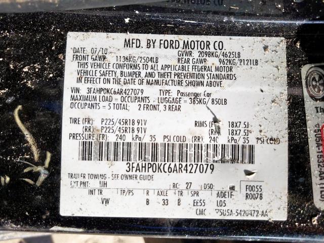 3FAHP0KC6AR427079 - 2010 FORD FUSION SPORT  photo 10