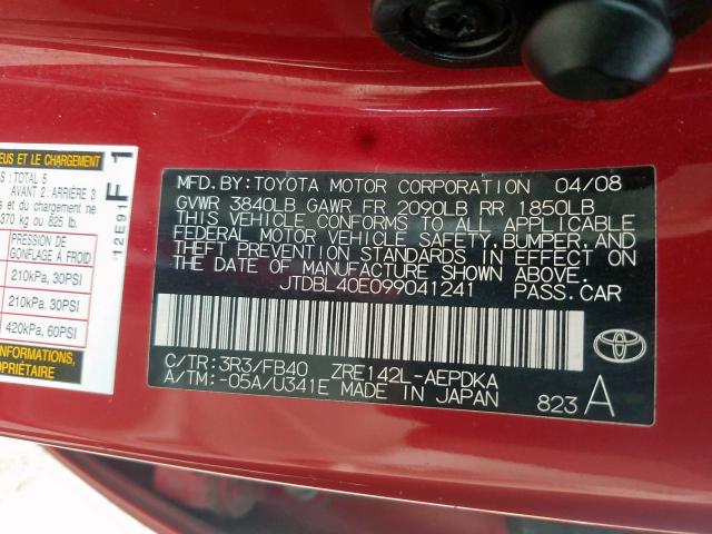 JTDBL40E099041241 - 2009 TOYOTA COROLLA BASE  照片 10
