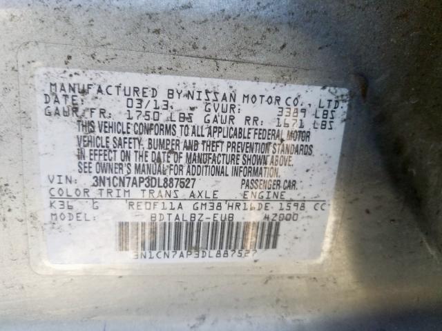 3N1CN7AP3DL887527 - 2013 NISSAN VERSA S  photo 10