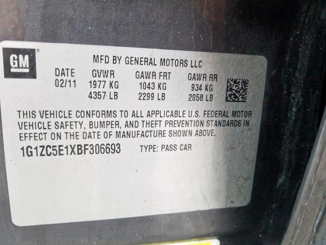 1G1ZC5E1XBF306693 - 2011 CHEVROLET MALIBU 1LT  照片 10