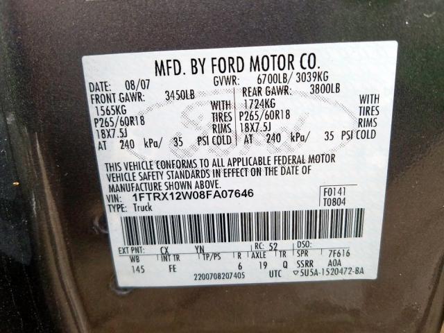 1FTRX12W08FA07646 - 2008 FORD F150  photo 10