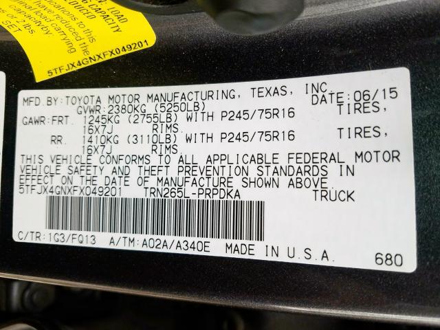 5TFJX4GNXFX049201 - 2015 TOYOTA TACOMA DOUBLE CAB PRERUNNER  photo 10