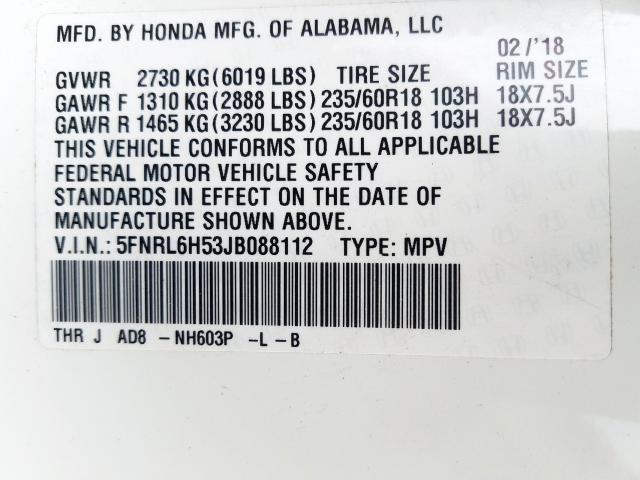 5FNRL6H53JB088112 - 2018 HONDA ODYSSEY EX  photo 10