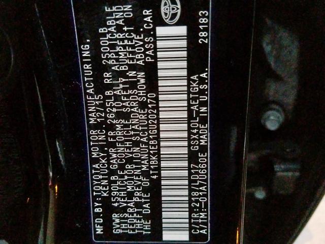 4T1BK1EB1GU202170 - 2016 TOYOTA AVALON XLE  photo 10