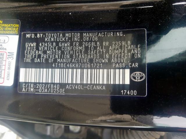 4T1BE46K87U061721 - 2007 TOYOTA CAMRY CE  photo 10