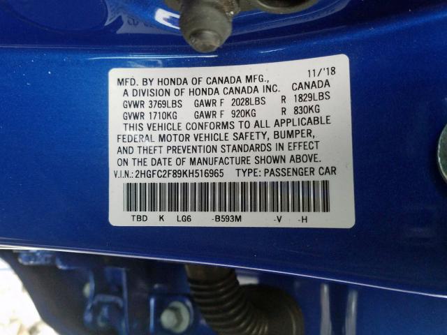 2HGFC2F89KH516965 - 2019 HONDA CIVIC SPORT  照片 10