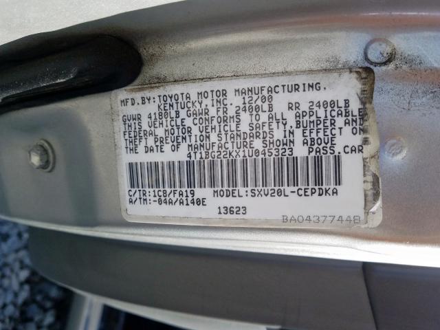 4T1BG22KX1U045323 - 2001 TOYOTA CAMRY CE  photo 10