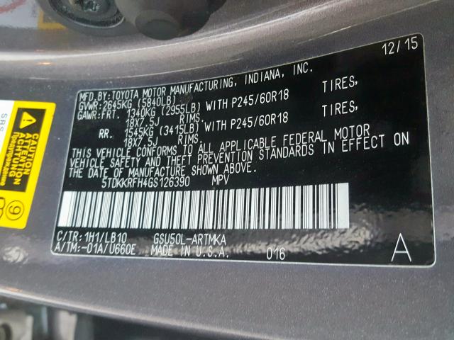 5TDKKRFH4GS126390 - 2016 TOYOTA HIGHLANDER XLE  ფოტო 10