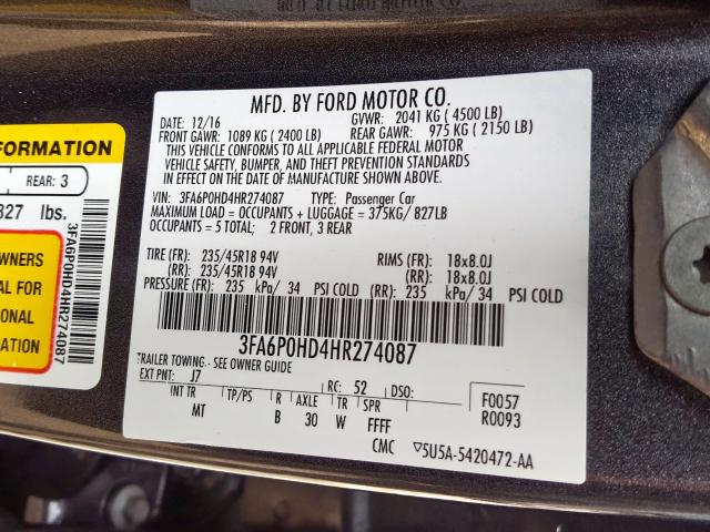 3FA6P0HD4HR274087 - 2017 FORD FUSION SE  photo 10