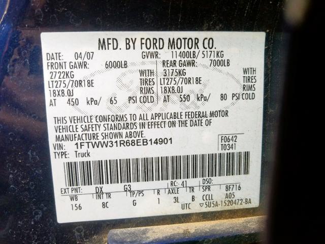 1FTWW31R68EB14901 - 2008 FORD F350 SRW SUPER DUTY  photo 10