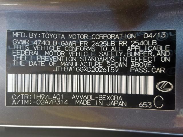 JTHBW1GGXD2026159 - 2013 LEXUS ES 300H  photo 10