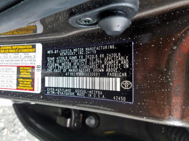 4T1BZ1FB8KU030691 - 2019 TOYOTA AVALON XLE  photo 10